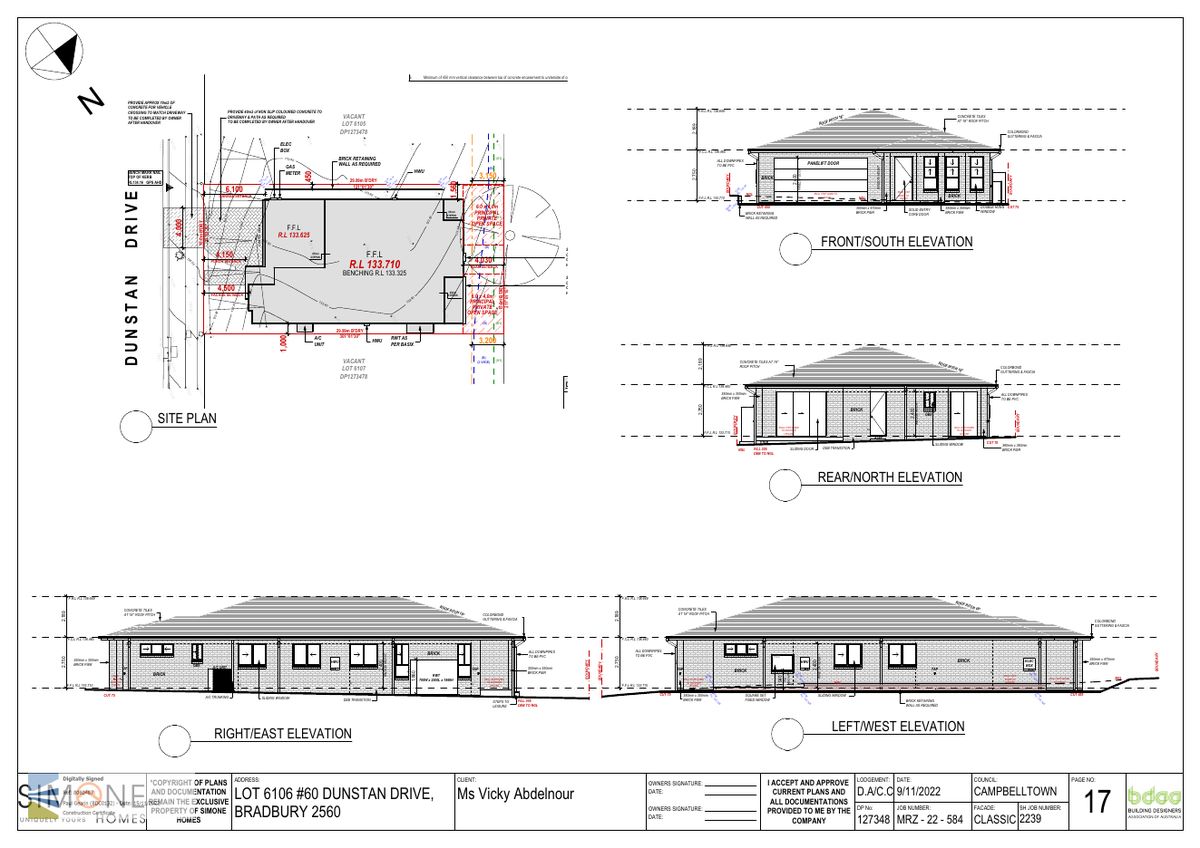Site plan and elevations — Simone Homes, DA/CC via Campbelltown Council