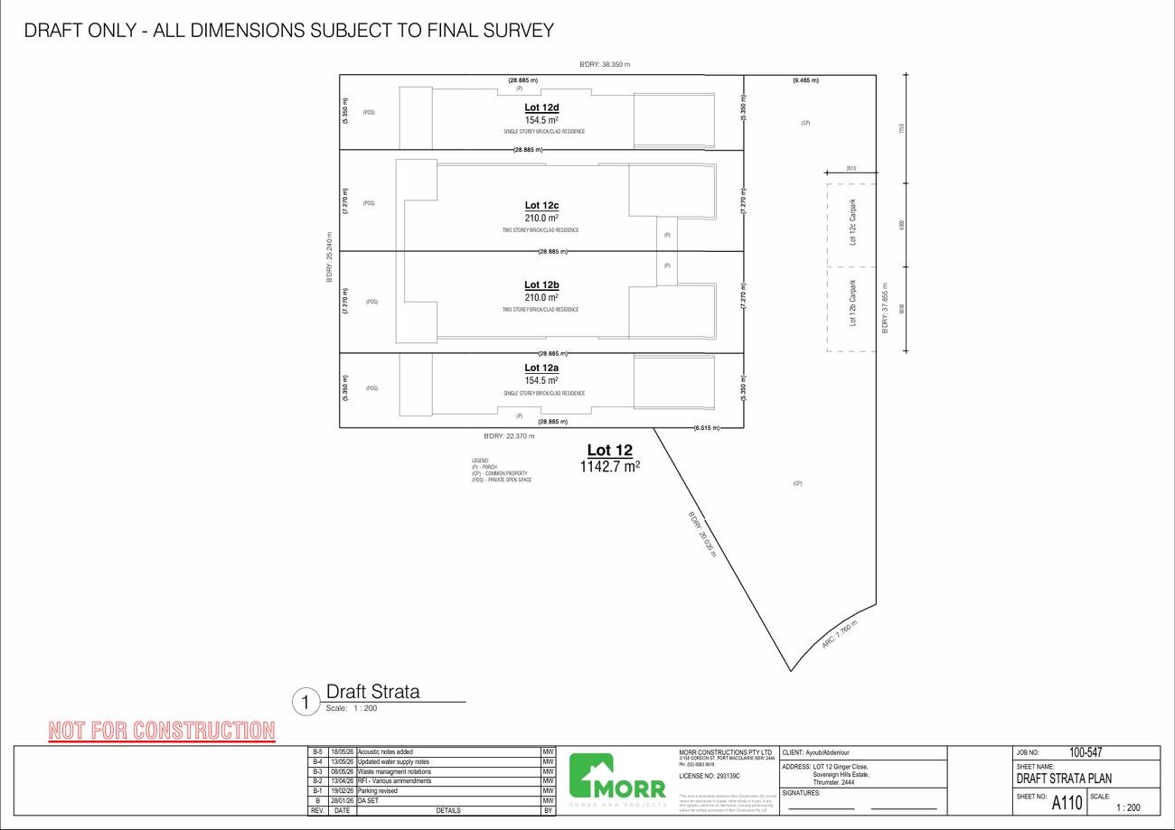 Draft strata plan — four independent dwellings, prepared alongside the design